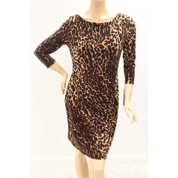 Lauren Ralph Lauren Ruched Dress Womens Size 12 Brown Leopard Print Party Wild - Picture 1 of 8